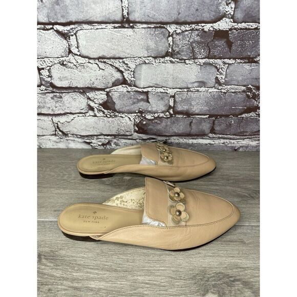 Kate Spade Nude Pink Leather Floral Accent Pointed Mules Shoes Women 8M US/39EU - Picture 13 of 16